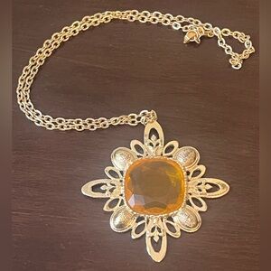 Vintage Faux Citrine Gemstone Ornate Pendant‎ with Gold Plated Chain Costume